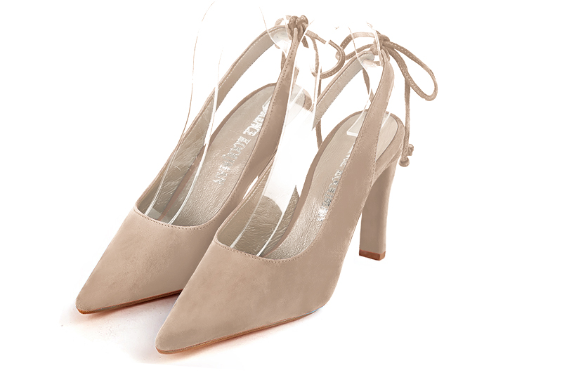 Tan beige women's slingback shoes. Pointed toe. High slim heel. Front view - Florence KOOIJMAN